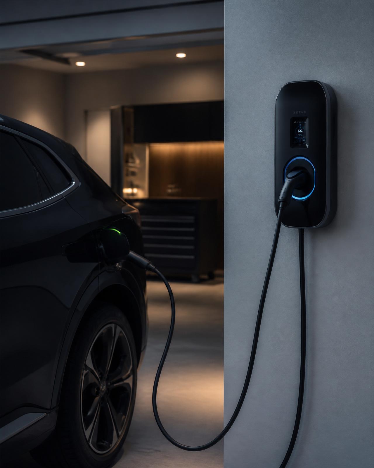 Carregador para carro elétrico instalado em garagem residencial