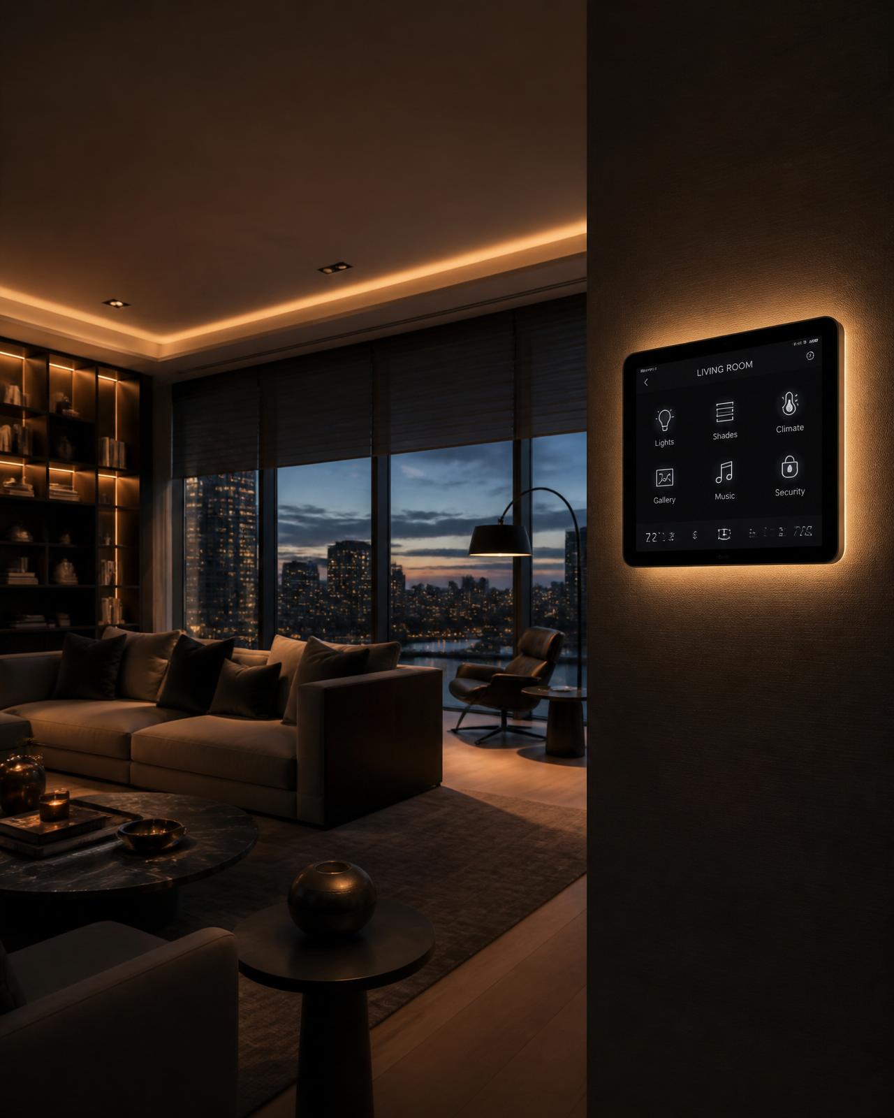 Sala de estar com painel de automação controlando luz, persianas e clima